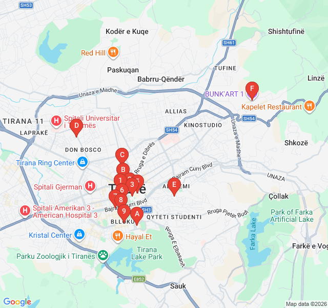 Route map for Creative Tirana: Galleries and Hubs