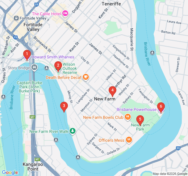 Route map for New Farm Riverfront and Powerhouse Culture