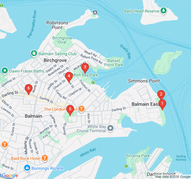 Route map for Balmain: Working Class Roots and Waterfront Views