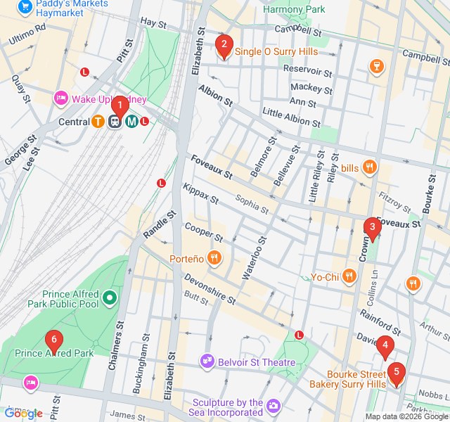 Route map for Surry Hills: Coffee, Fashion, and Creative Hubs