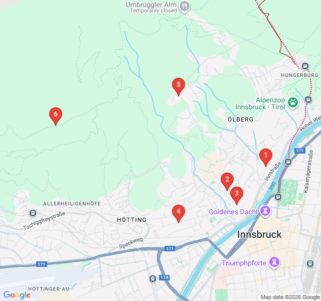 Route map for Hötting's Hidden Slopes: Steep Streets and Views