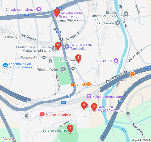 Route map for Wilten's Wonders: Monasteries and Modernity