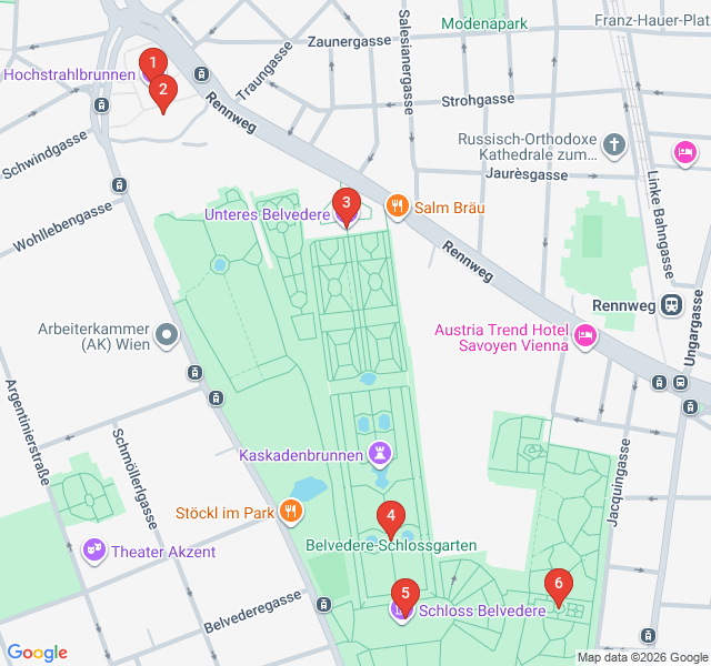Route map for Baroque Gardens and Golden Art: The Belvedere Circuit