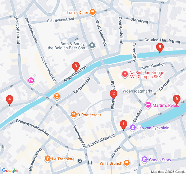 Route map for Shadows of the Past: A Bruges Nighttime Exploration