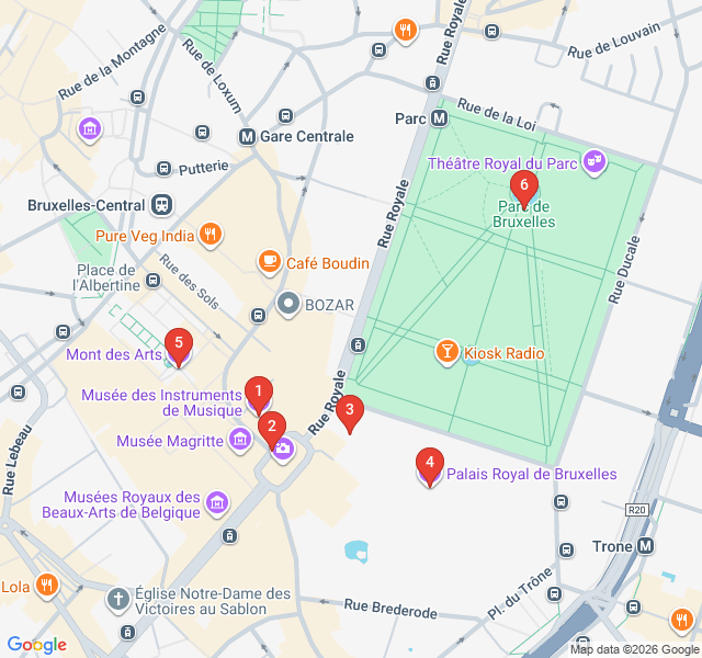 Route map for Royal Brussels and Mont des Arts Views