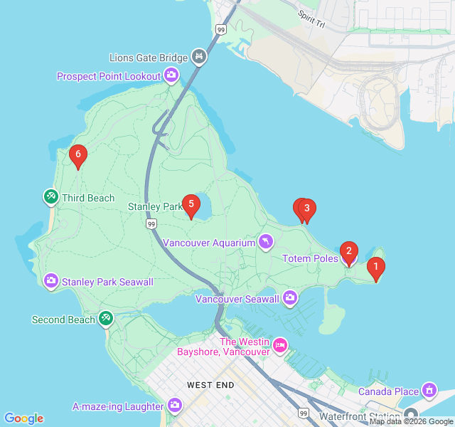 Route map for Indigenous Art and Coastal Giants of Stanley Park