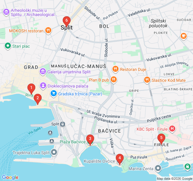 Route map for The Riva and Bačvice: Seaside Socializing