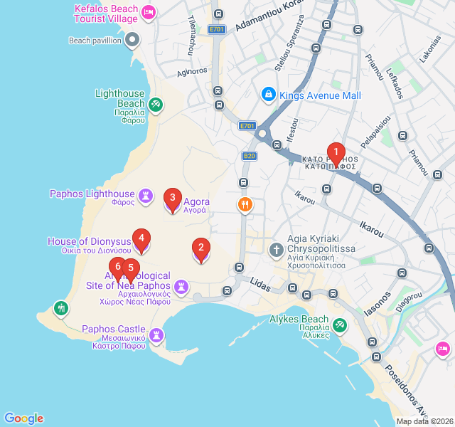 Route map for Mosaics and Myths: Kato Paphos Archaeological Park
