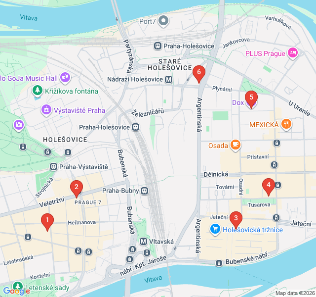 Route map for Industrial Arts in Holešovice