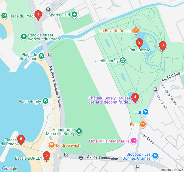 Route map for Southern Shores: Parc Borély to the Beaches
