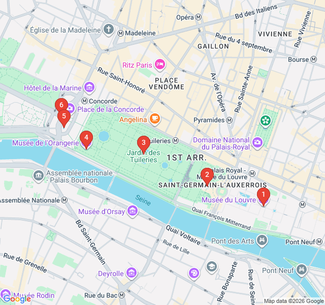 Route map for Royal Gardens: Tuileries to Concorde