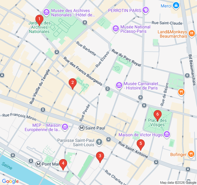 Route map for Royal Marais and Hidden Courtyards