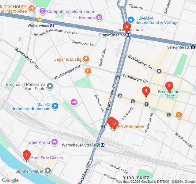 Route map for Friedrichshain’s Industrial Soul: RAW-Gelände to Boxhagener