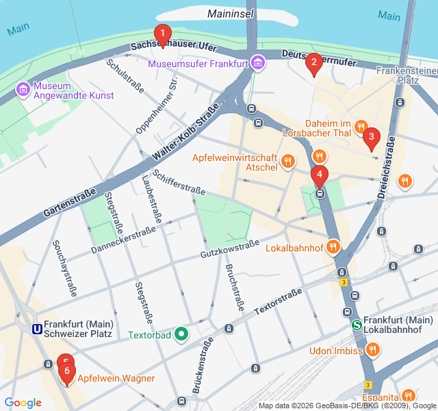 Route map for Sachsenhausen Cider Trail: Ebbelwoi and Old Taverns
