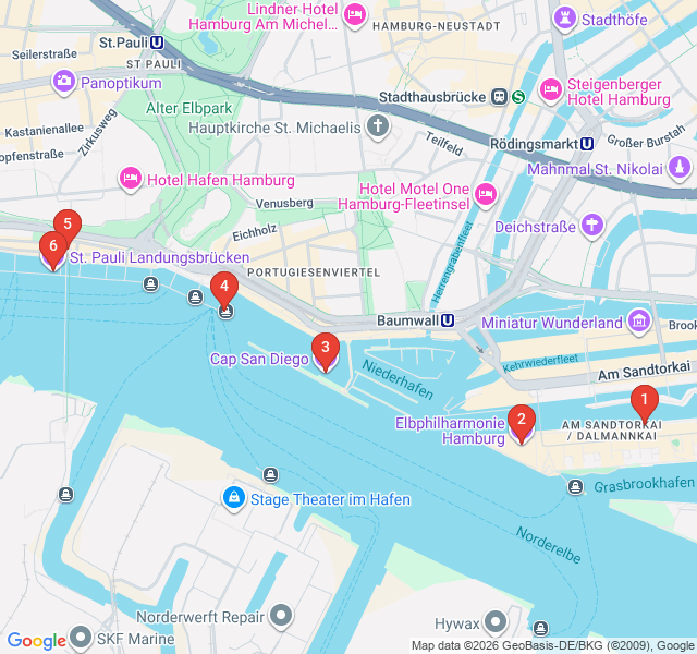 Route map for Harbor Vistas: Landungsbrücken to Elbphilharmonie