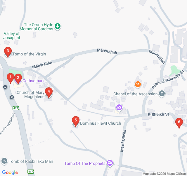 Route map for Mount of Olives: Path of the Prophets