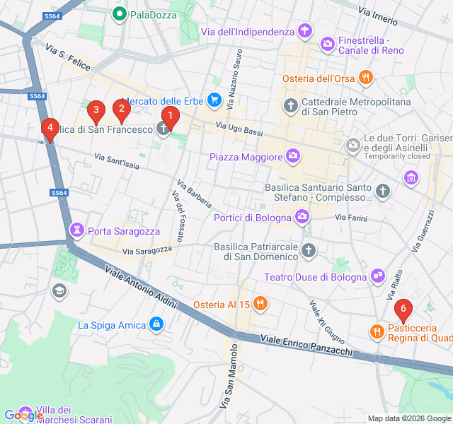Route map for Bohemian Bologna: Aperitivo in Via del Pratello