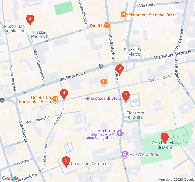 Route map for Brera's Secret Courtyards and Artistic Legacy