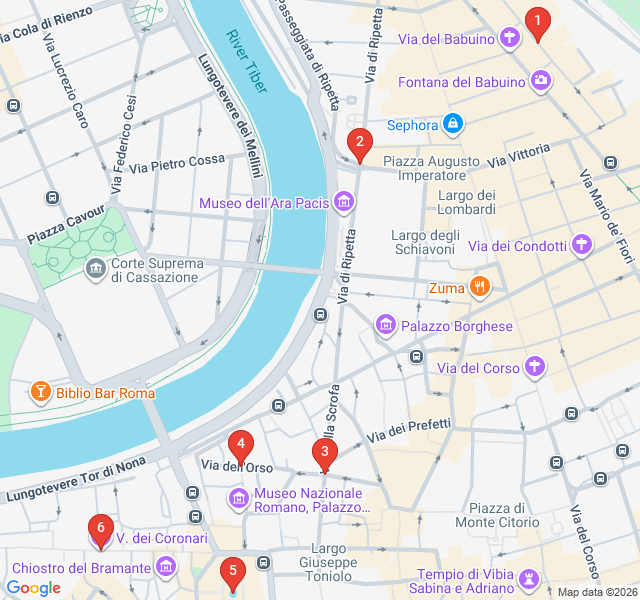 Route map for Artisans and Antiques of Via dei Coronari