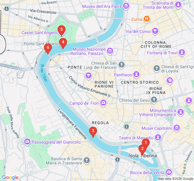 Route map for Tiber River & Historic Bridges