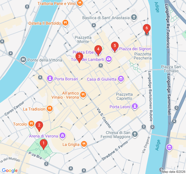 Route map for Verona's Aperitivo Trail: Squares and Sips