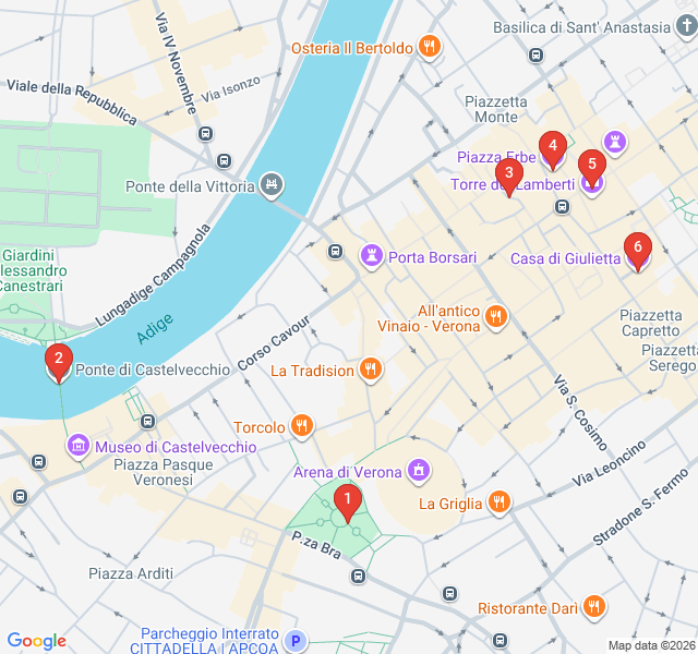 Route map for Verona on Screen: Famous Film Locations