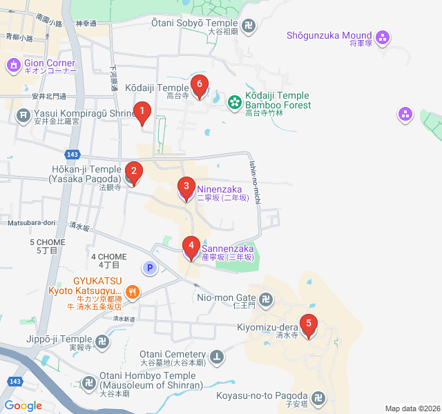 Route map for Ancient Slopes of Higashiyama
