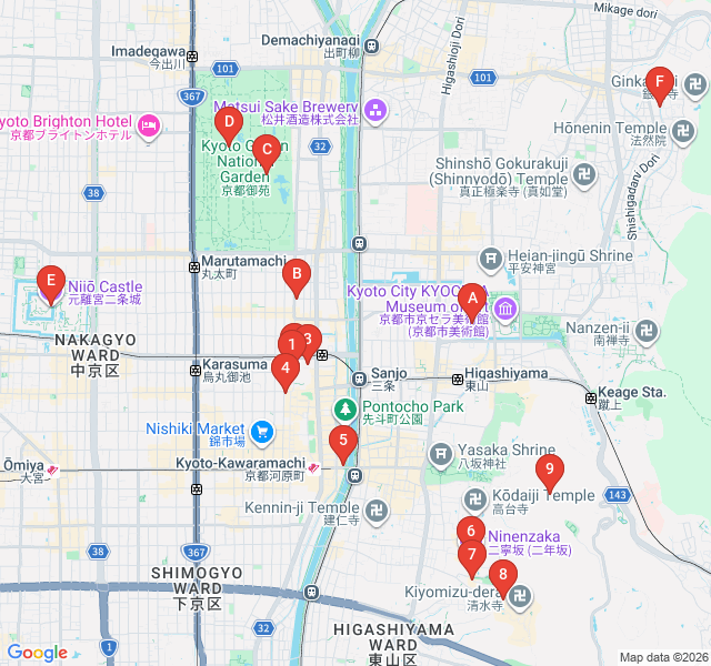 Route map for Artisans and Antiques of Teramachi Street