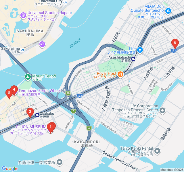 Route map for Osaka Bay Sunset and Harbor Vistas