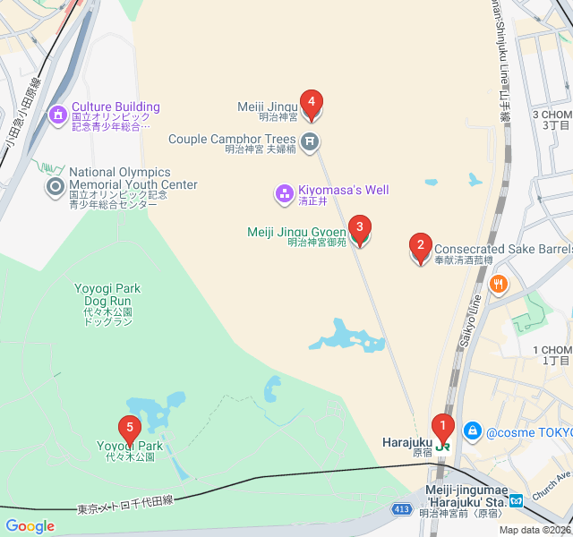 Route map for Forest Spirits: Meiji Jingu's Ancient Woods and Yoyogi Greenery