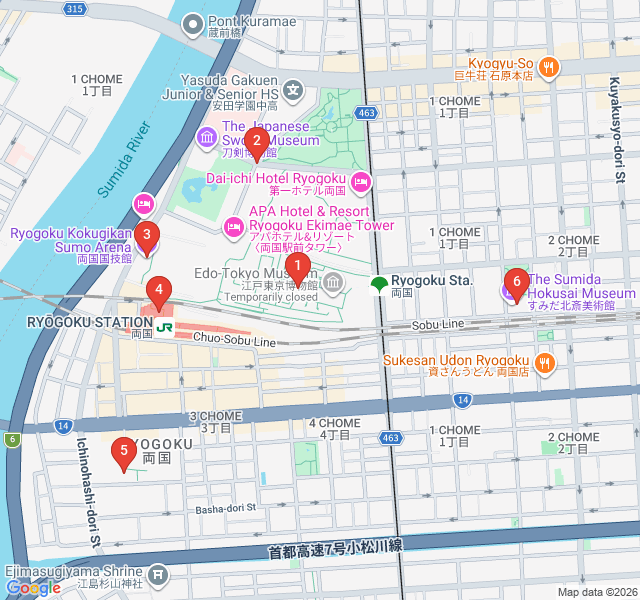 Route map for Sumo and Spirits: The Ryogoku History Trail