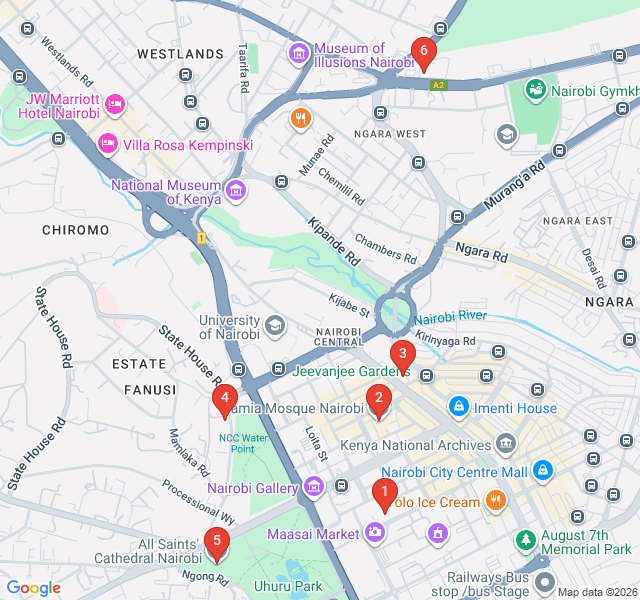 Route map for Faith in the City: Nairobi's Sacred Spaces