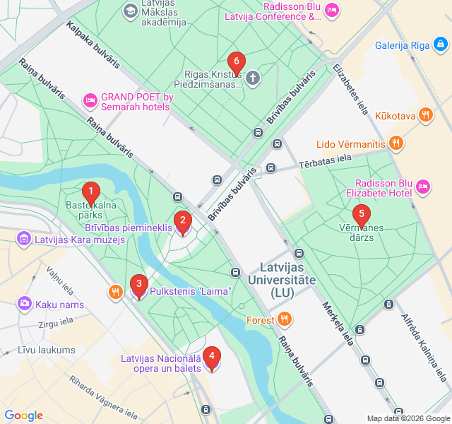 Route map for Riga's Green Belt: Canals and Boulevards