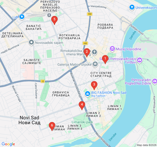 Route map for Modernist Novi Sad: Concrete and Contrast