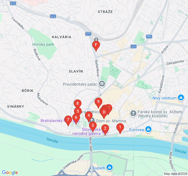 Route map for Bratislava Castle Heights and Hidden Courtyards