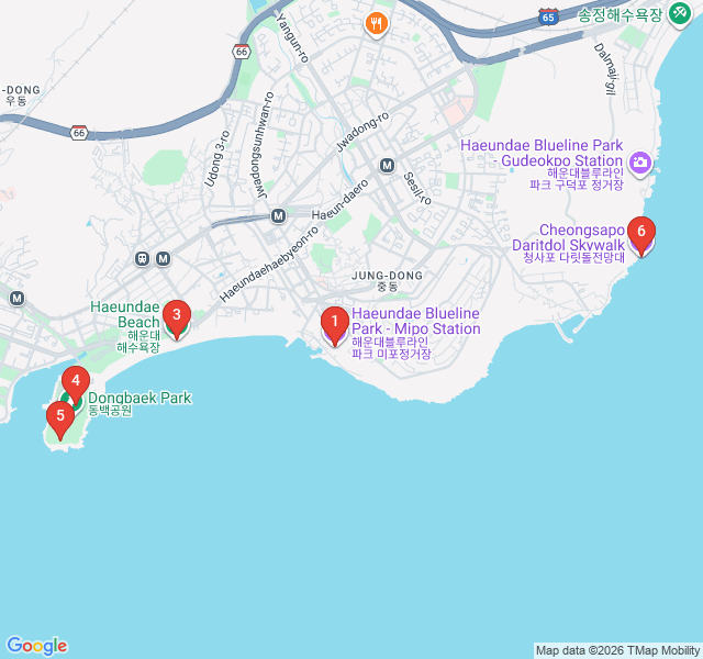 Route map for Ocean Breezes and Sky Capsules: Haeundae Coastal Walk