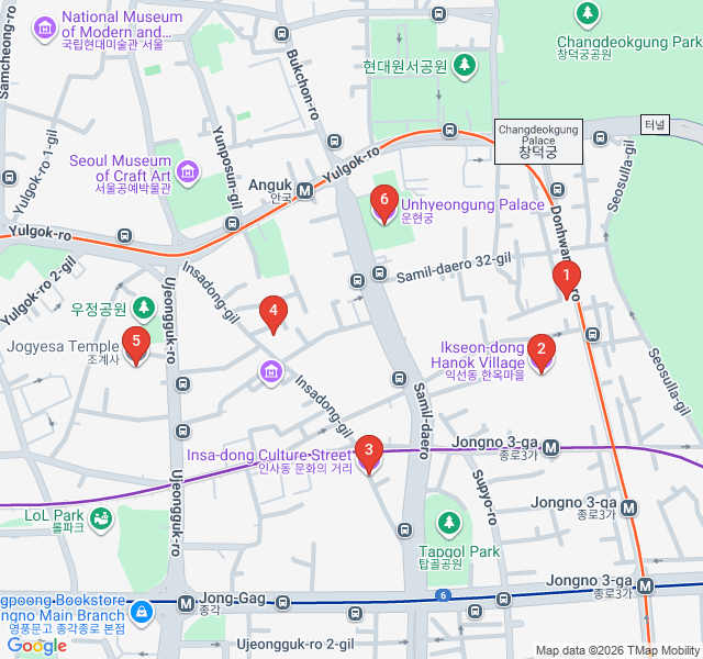 Route map for Insa-dong Traditions and Ikseon-dong Hanoks