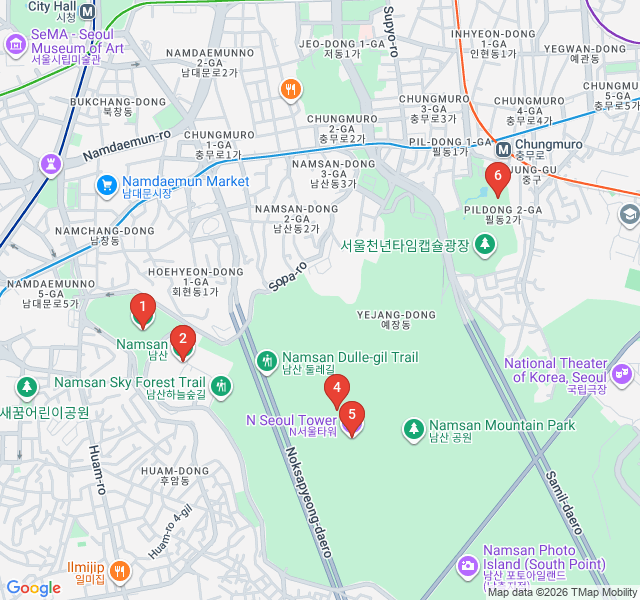 Route map for Namsan Mountain: Peaks, Pagodas, and Love Locks