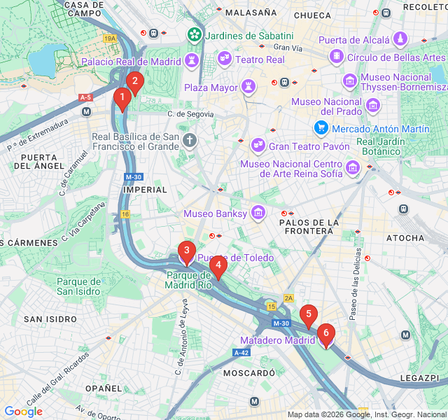 Route map for Madrid Río: The City’s Modern Waterfront
