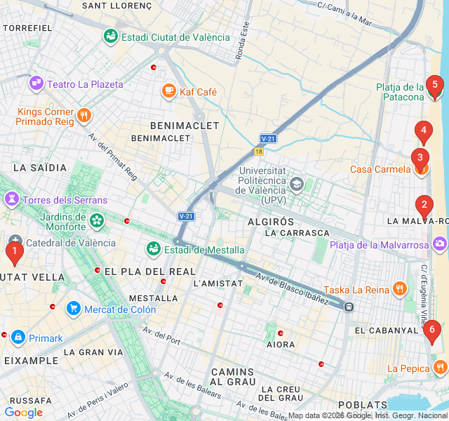 Route map for Mediterranean Shoreline: Malvarrosa to Patacona