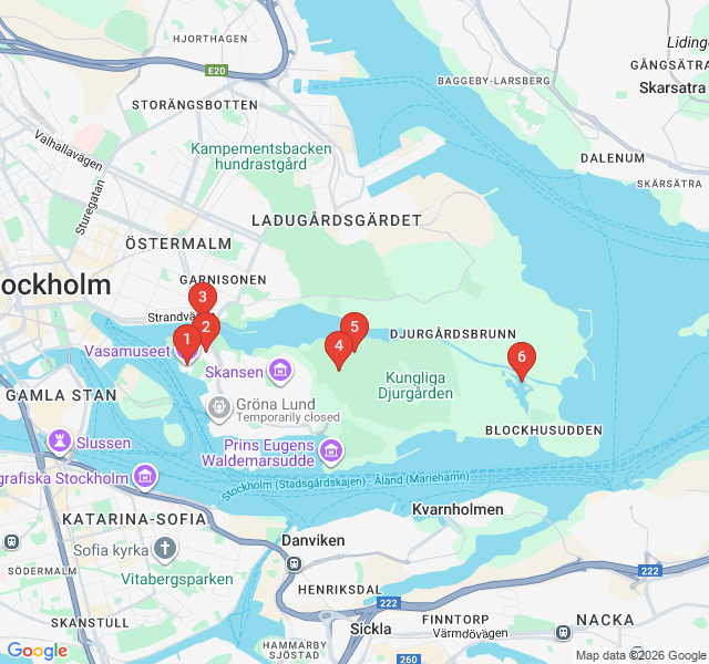 Route map for The Royal Green Lung: Parks and Palaces of Djurgården