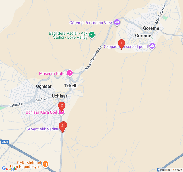 Route map for Pigeon Valley: From Uçhisar to Göreme on Foot