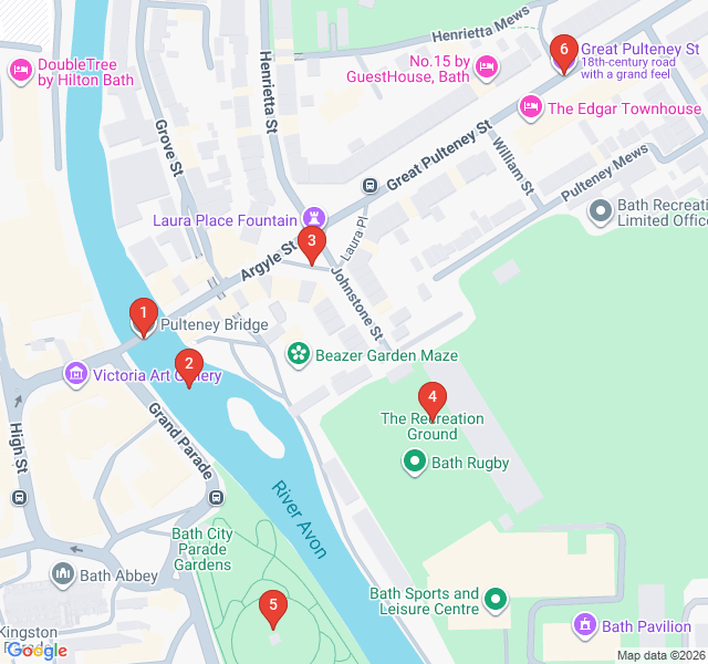Route map for Pulteney Bridge and the River Avon