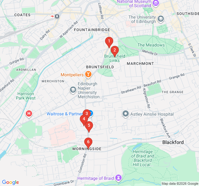 Route map for Bruntsfield and Morningside: Vintage Finds and Village Vibes