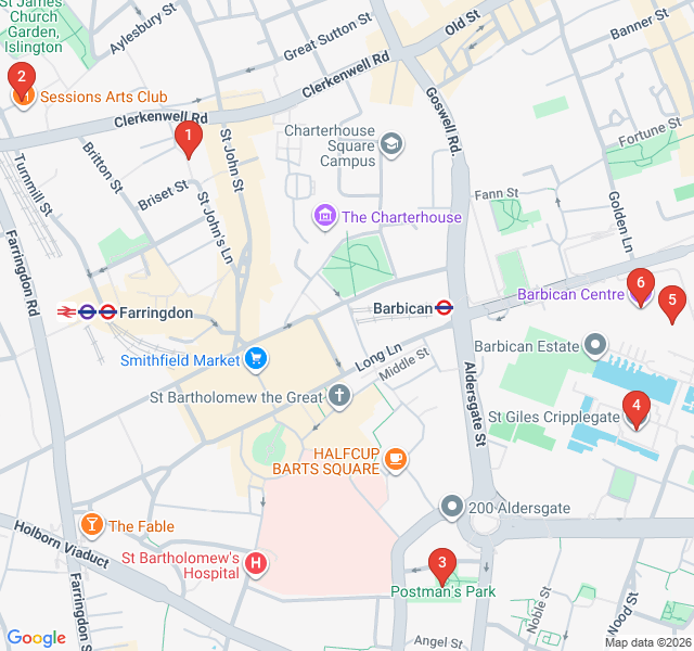 Route map for Brutalism & Blooms: The Barbican to Postman’s Park
