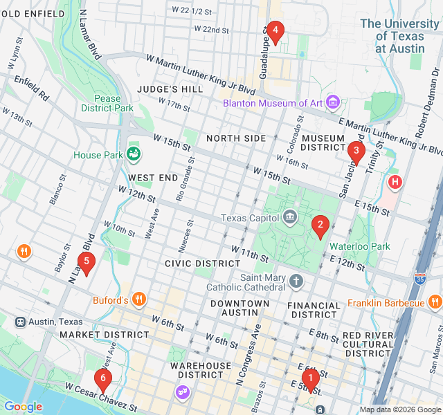 Route map for Literary Landmarks: Austin's Bookish History