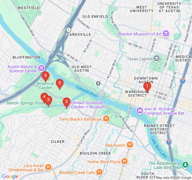 Route map for Springs and Statues: Zilker Park Exploration