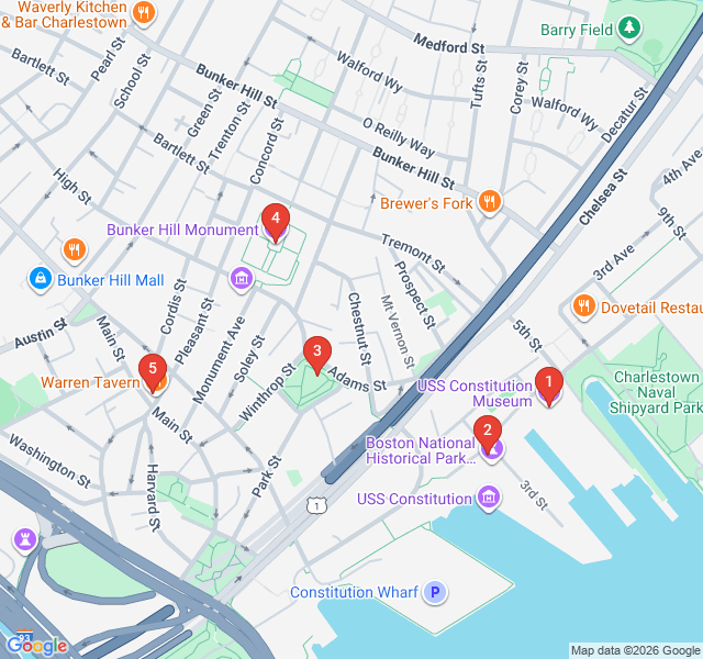 Route map for Charlestown Navy Yard & Bunker Hill