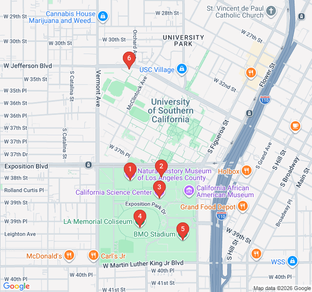 Route map for Exposition Park: Roses, Science, and Stadiums
