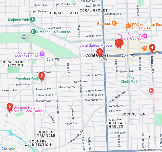 Route map for The City Beautiful: Coral Gables Wonders